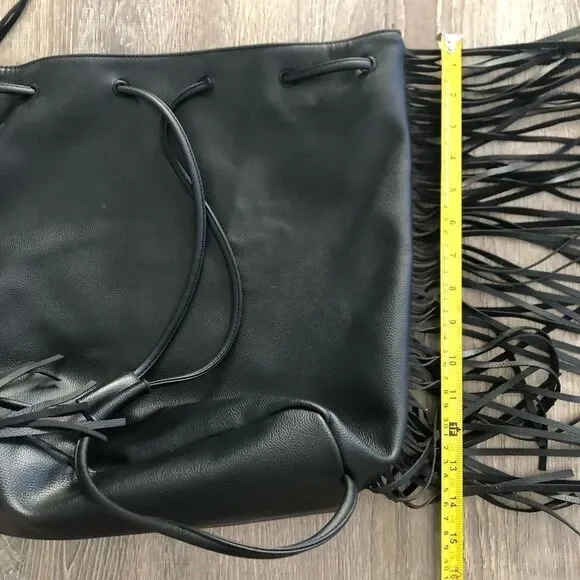 Victoria's Secret Drawstring Fringe Backpack Bag Large Black‎ Purse READ - Picture 7 of 12
